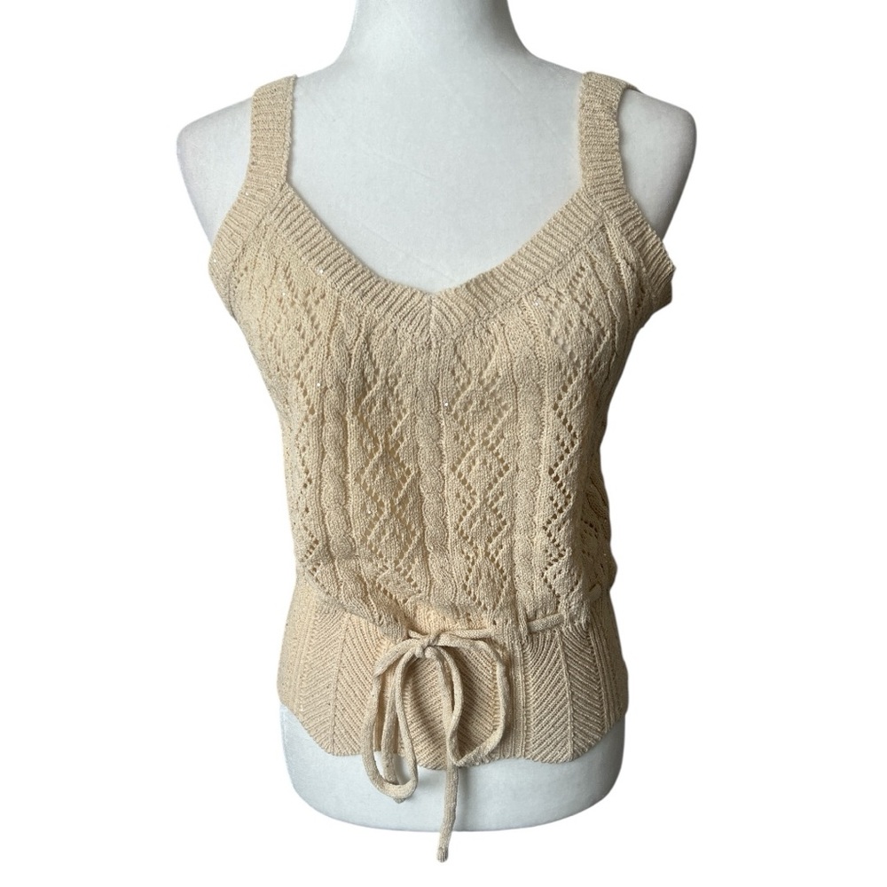 Nekane NKN Ecru Crochet Pointelle Sequin Knit Drawstring Tank Top NWT